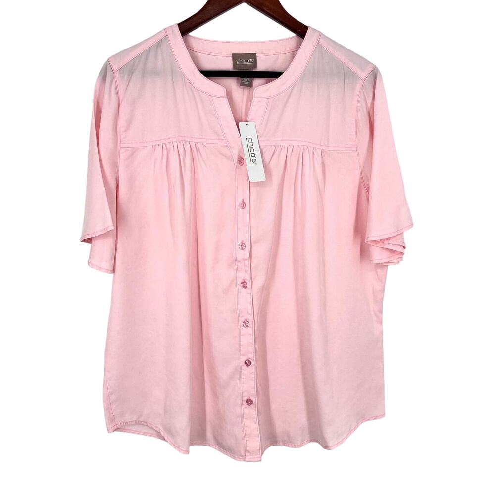 NEW NWT Chicos Sz 2 Large Pale Pink Ruffle Short Sleeve Blouse Shirt Top Barbie